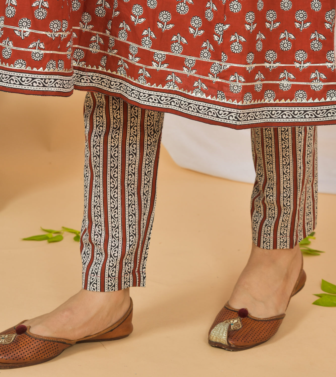 Mitrika Rust Red Floral Printed Cotton Kurta Set with Striped Dupatta