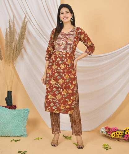 Mitrika Elegant Rust Printed Cotton Kurta Set with Dupatta – Ethnic Charm Redefined
