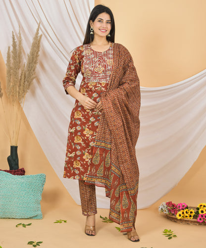 Mitrika Elegant Rust Printed Cotton Kurta Set with Dupatta – Ethnic Charm Redefined