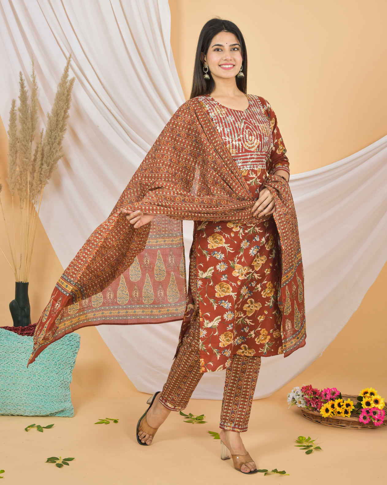 Mitrika Elegant Rust Printed Cotton Kurta Set with Dupatta – Ethnic Charm Redefined