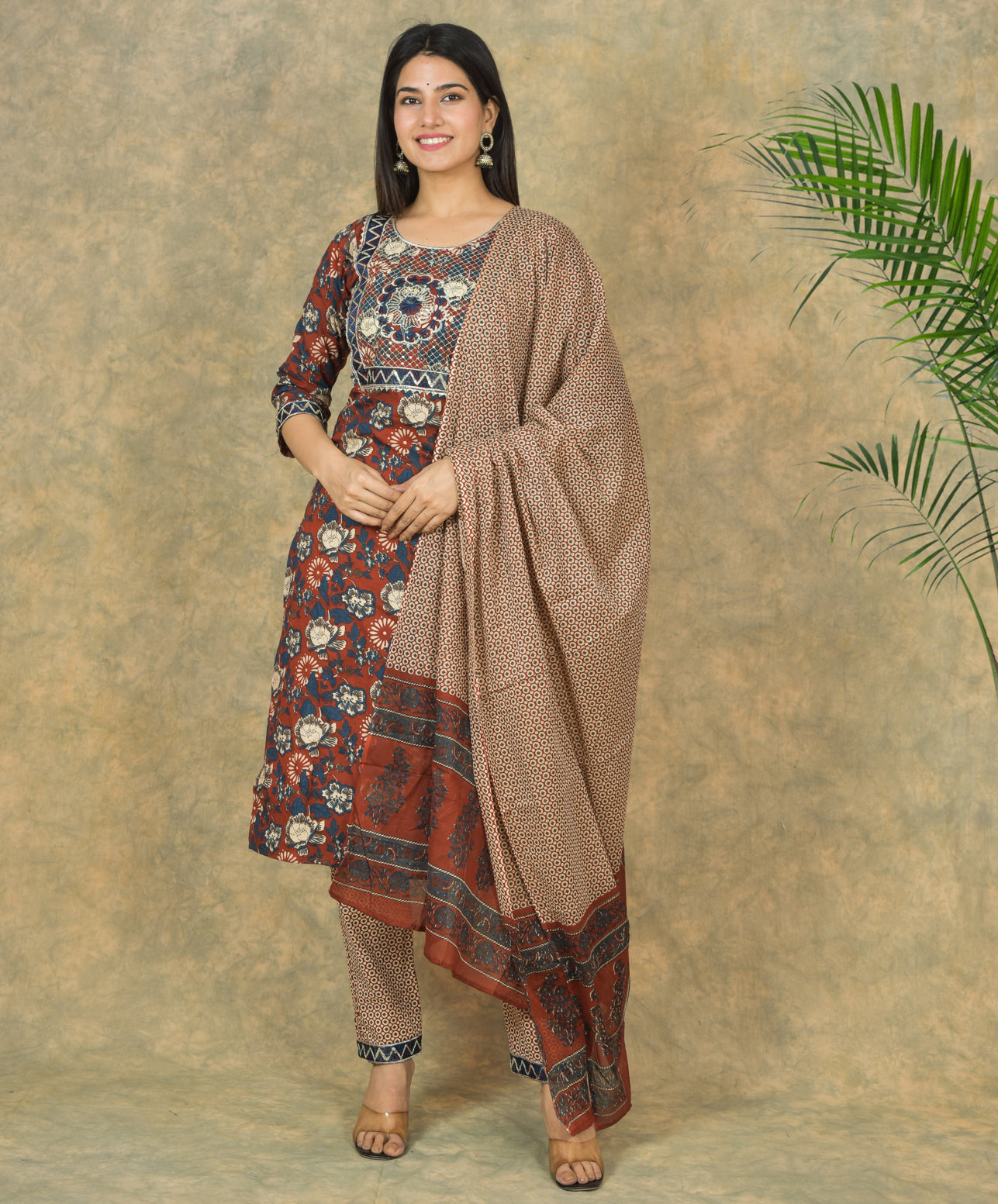 Mitrika Rust & Blue Floral Cotton Printed Kurta Set with Geometric Dupatta