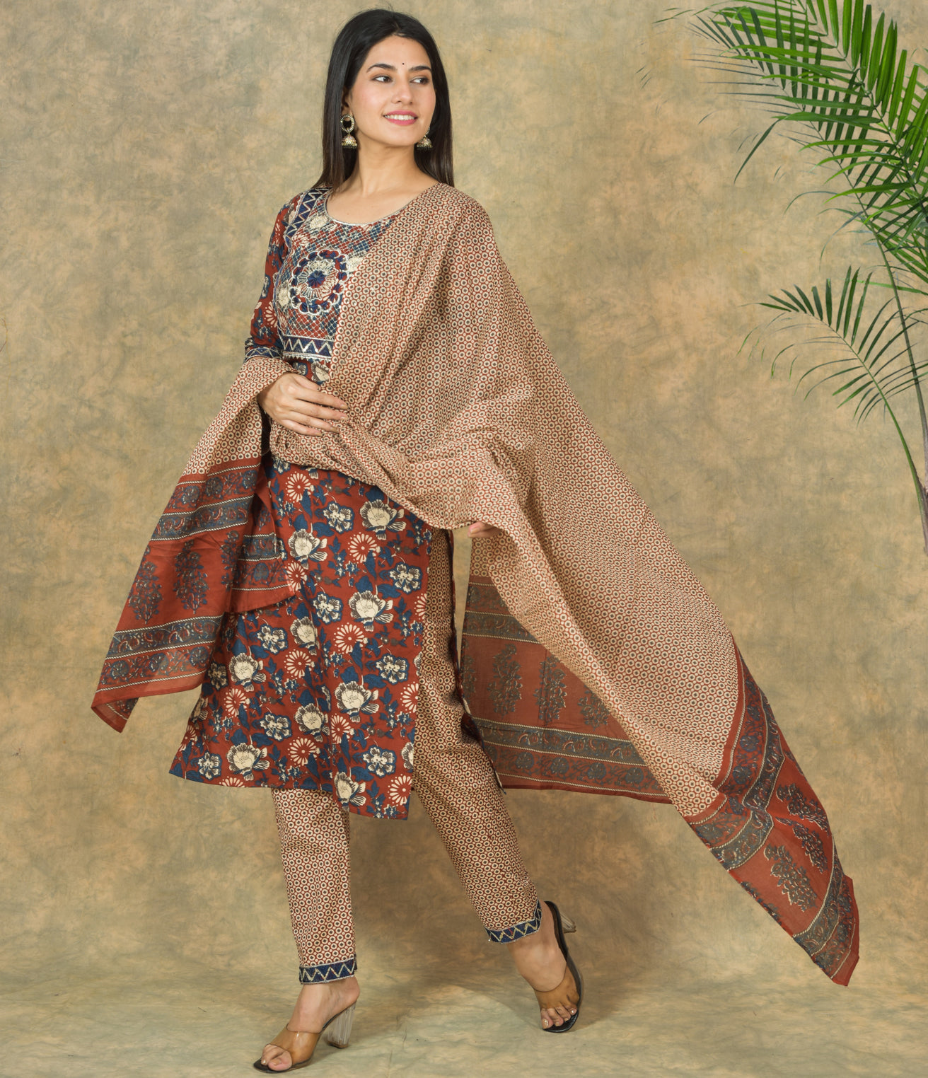 Mitrika Rust & Blue Floral Cotton Printed Kurta Set with Geometric Dupatta