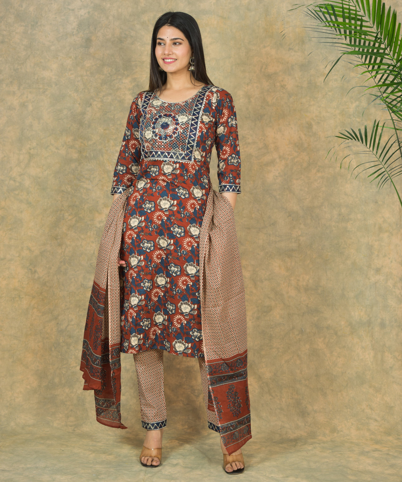 Mitrika Rust & Blue Floral Cotton Printed Kurta Set with Geometric Dupatta