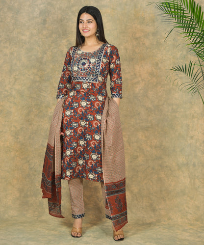Mitrika Rust & Blue Floral Cotton Printed Kurta Set with Geometric Dupatta