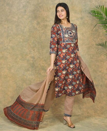 Mitrika Rust & Blue Floral Cotton Printed Kurta Set with Geometric Dupatta