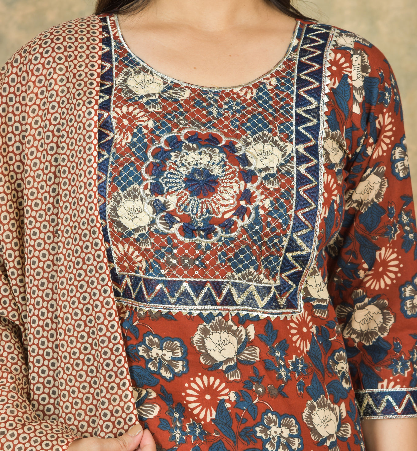 Mitrika Rust & Blue Floral Cotton Printed Kurta Set with Geometric Dupatta