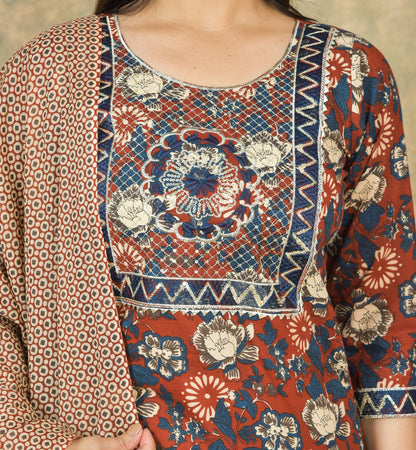 Mitrika Rust & Blue Floral Cotton Printed Kurta Set with Geometric Dupatta