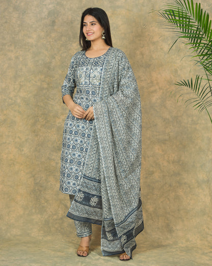 Mitrika Elegant Indigo Handblocked Printed Cotton Kurta Set With Dupatta