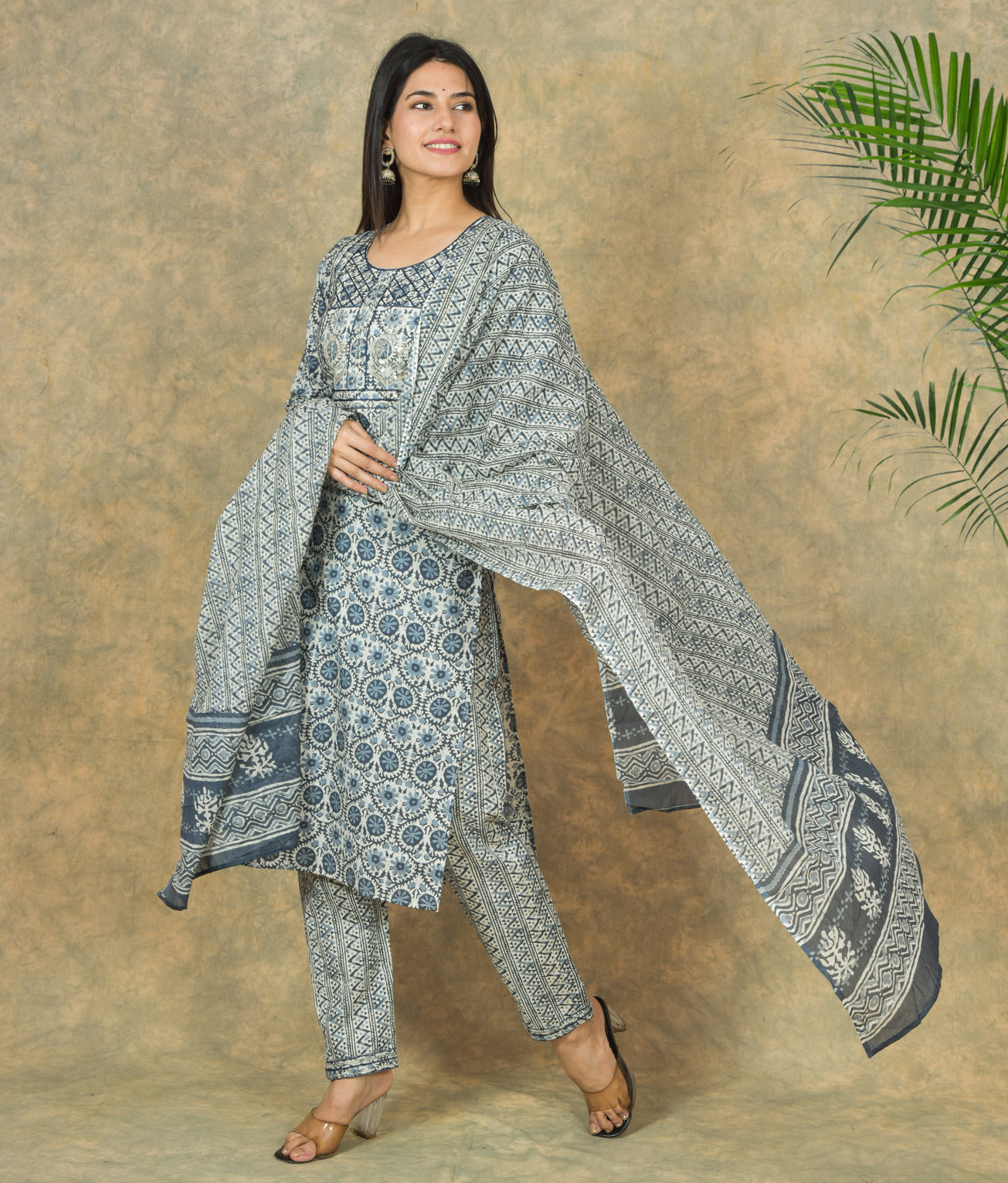 Mitrika Elegant Indigo Handblocked Printed Cotton Kurta Set With Dupatta