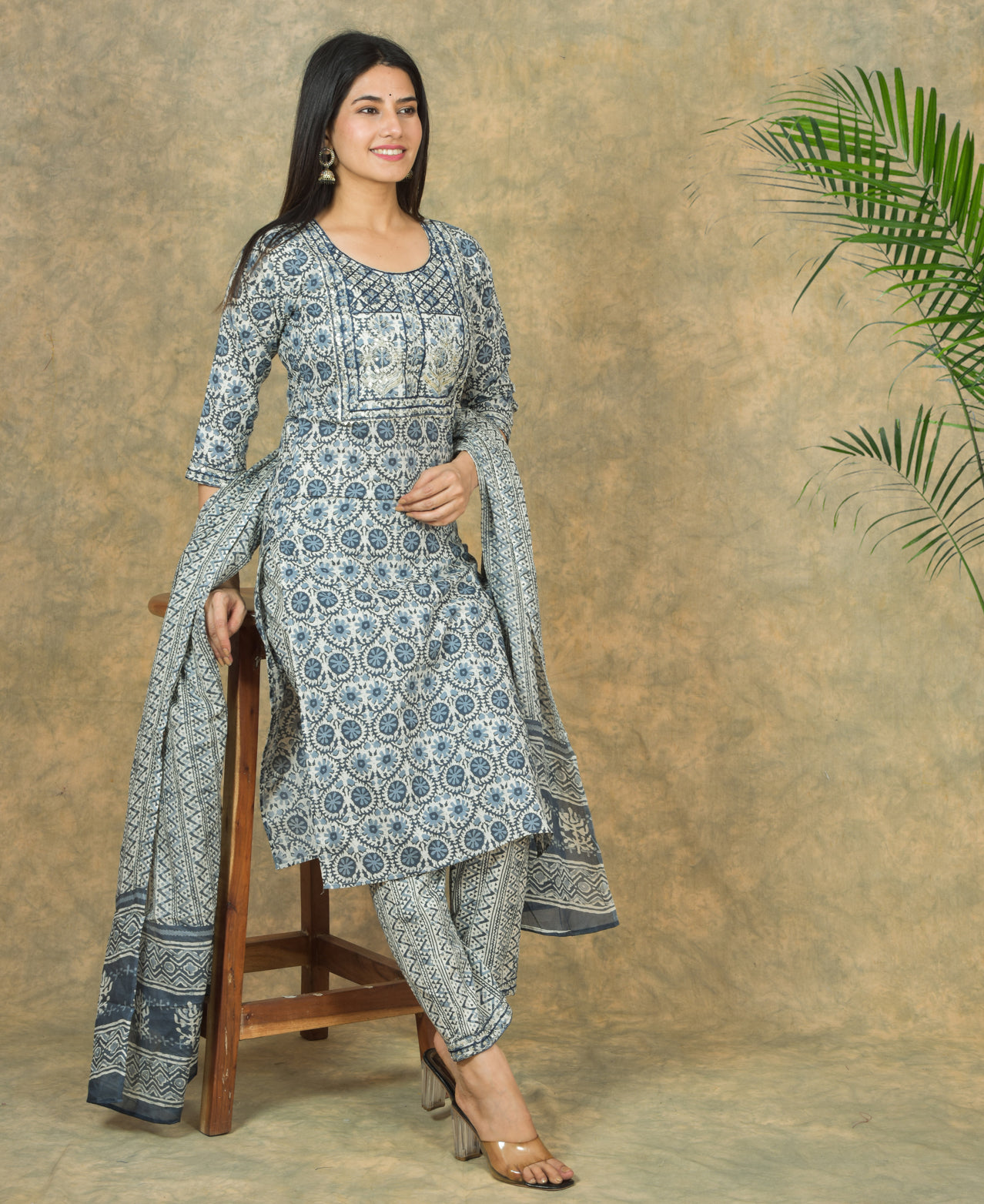 Mitrika Elegant Indigo Handblocked Printed Cotton Kurta Set With Dupatta