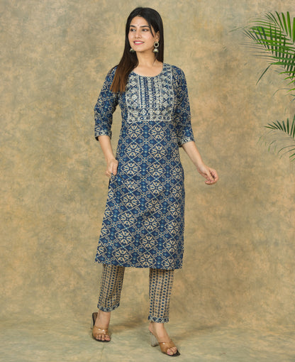 Mitrika Royal Blue & Beige Printed Cotton Kurta Set with Elegant Dupatta