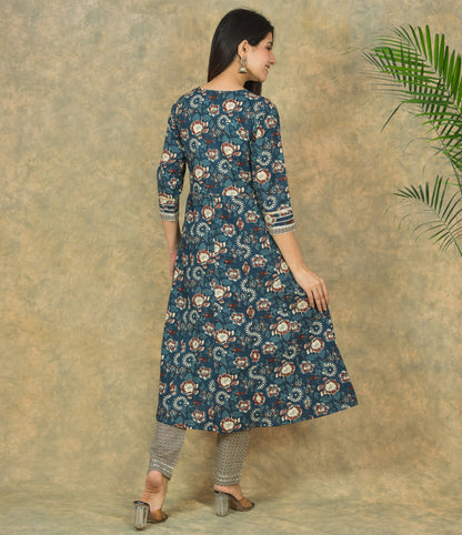 Mitrika Graceful Teal & Beige Floral Cotton Printed kurta set with Dupatta