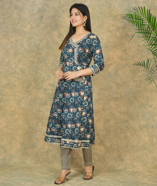 Mitrika Graceful Teal & Beige Floral Cotton Printed kurta set with Dupatta