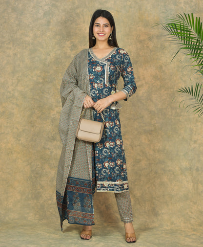 Mitrika Graceful Teal & Beige Floral Cotton Printed kurta set with Dupatta