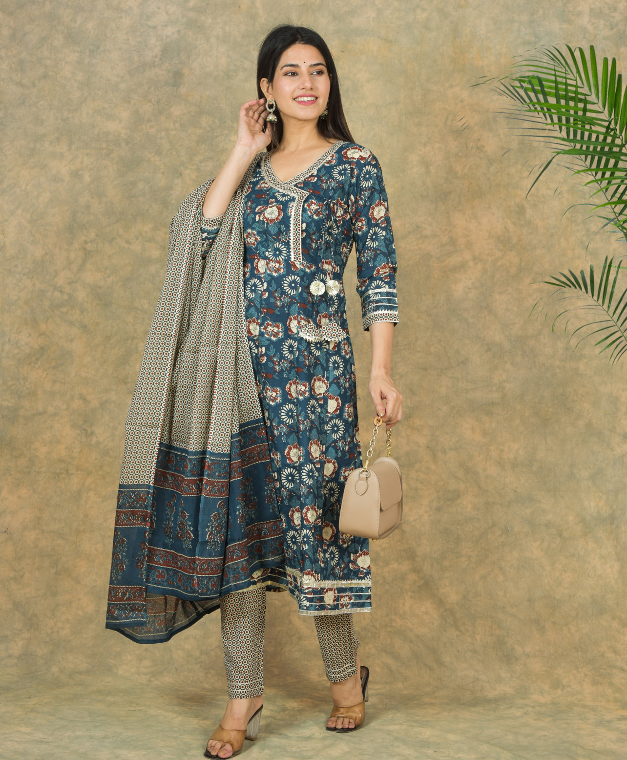 Mitrika Graceful Teal & Beige Floral Cotton Printed kurta set with Dupatta