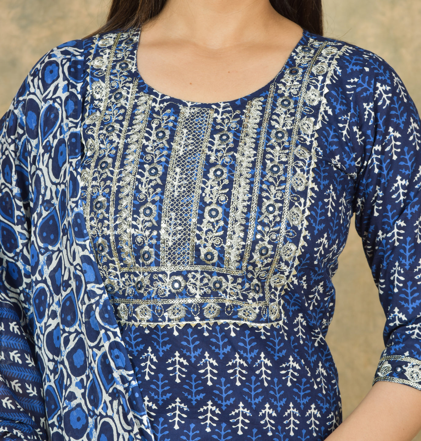 Mitrika Midnight Indigo Charm Cotton Kurta Set with Artistic Printed Dupatta