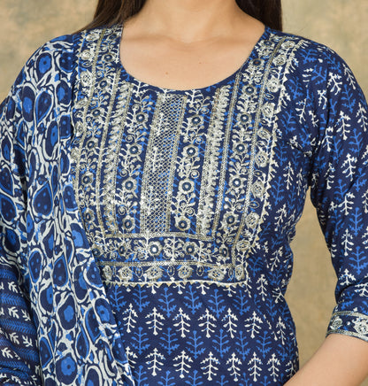 Mitrika Midnight Indigo Charm Cotton Kurta Set with Artistic Printed Dupatta