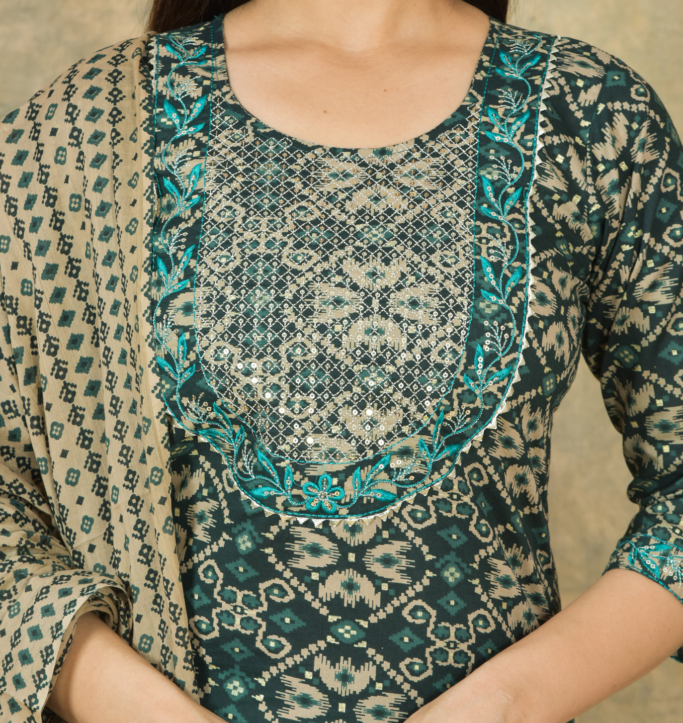 Mitrika Regal Teal Ethnic Print Cotton Kurta Set with Dupatta