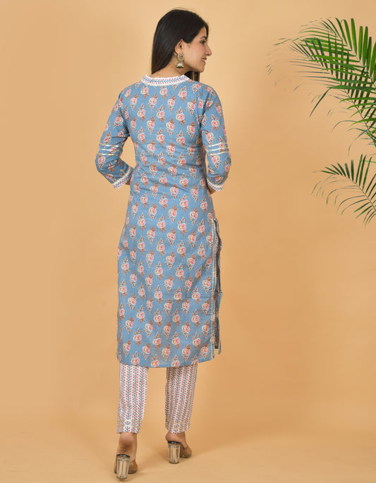 Mitrika Sky Blue Floral Printed Straight Cotton Kurta Set