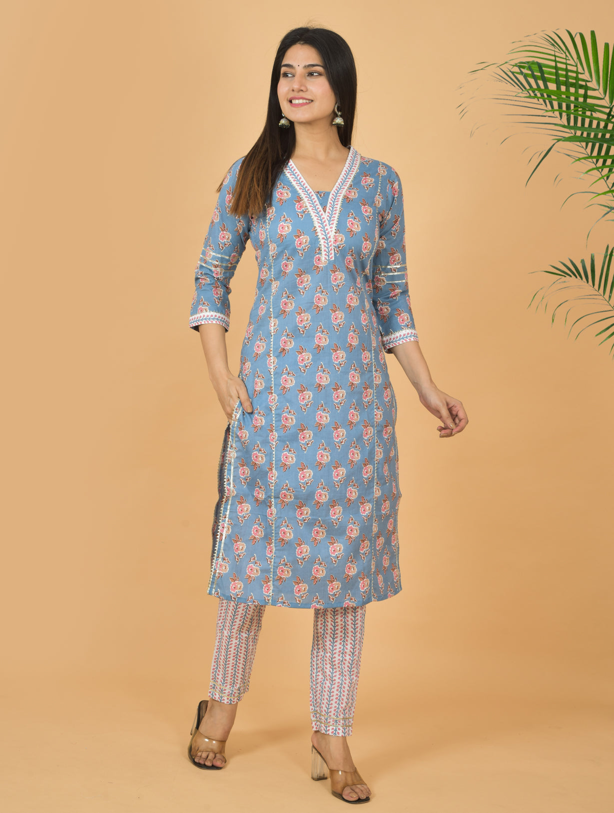 Mitrika Sky Blue Floral Printed Straight Cotton Kurta Set