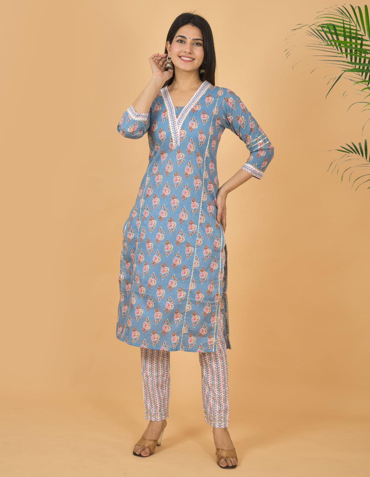 Mitrika Sky Blue Floral Printed Straight Cotton Kurta Set