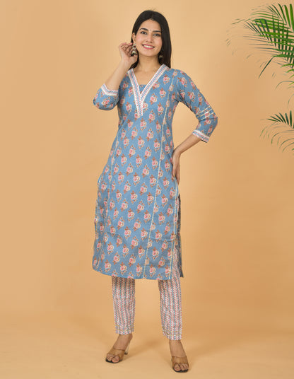 Mitrika Sky Blue Floral Printed Straight Cotton Kurta Set