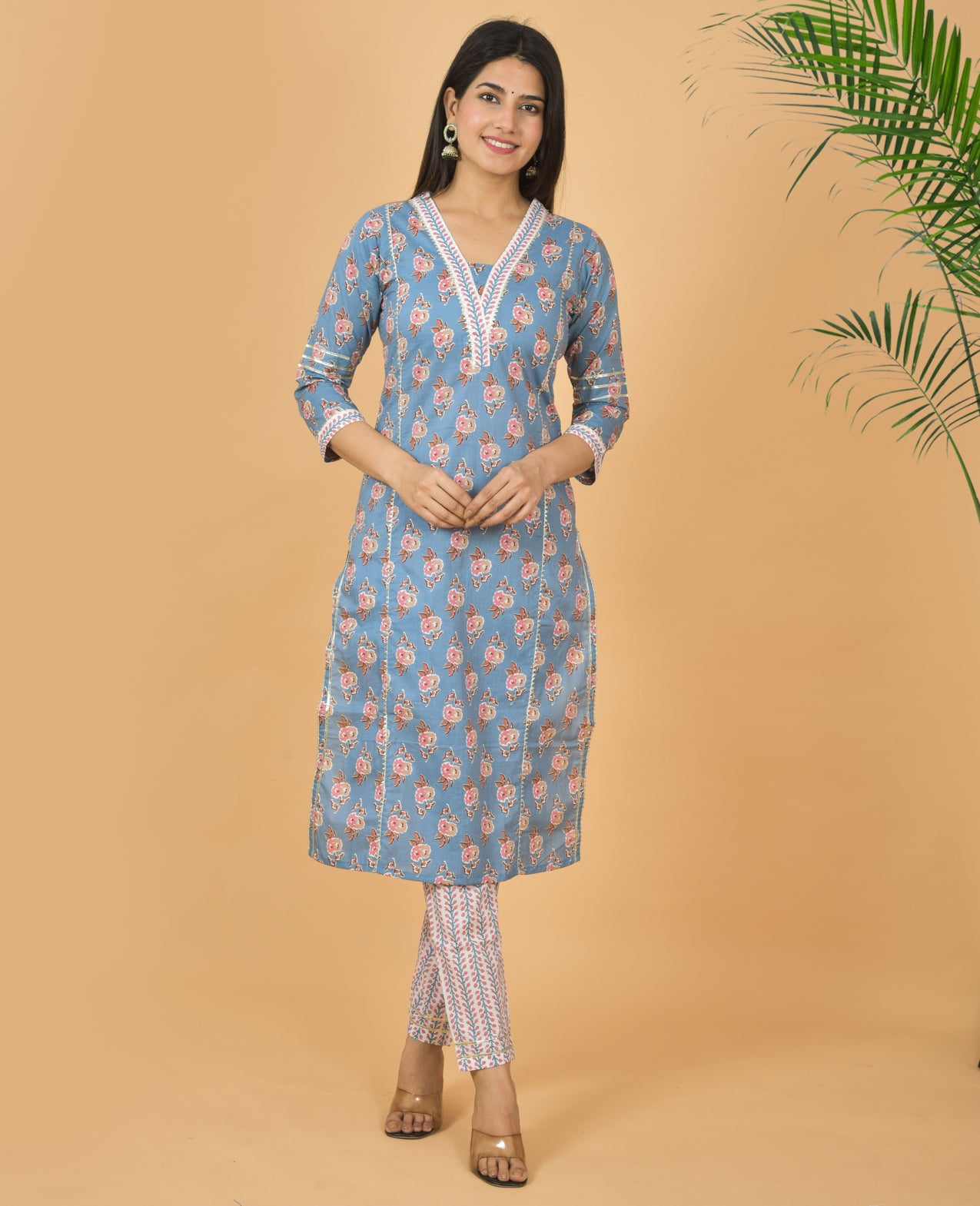 Mitrika Sky Blue Floral Printed Straight Cotton Kurta Set