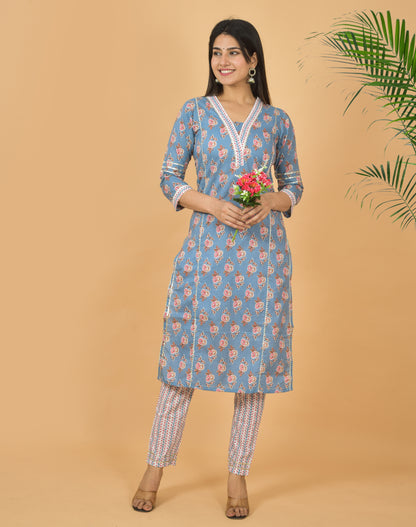 Mitrika Sky Blue Floral Printed Straight Cotton Kurta Set