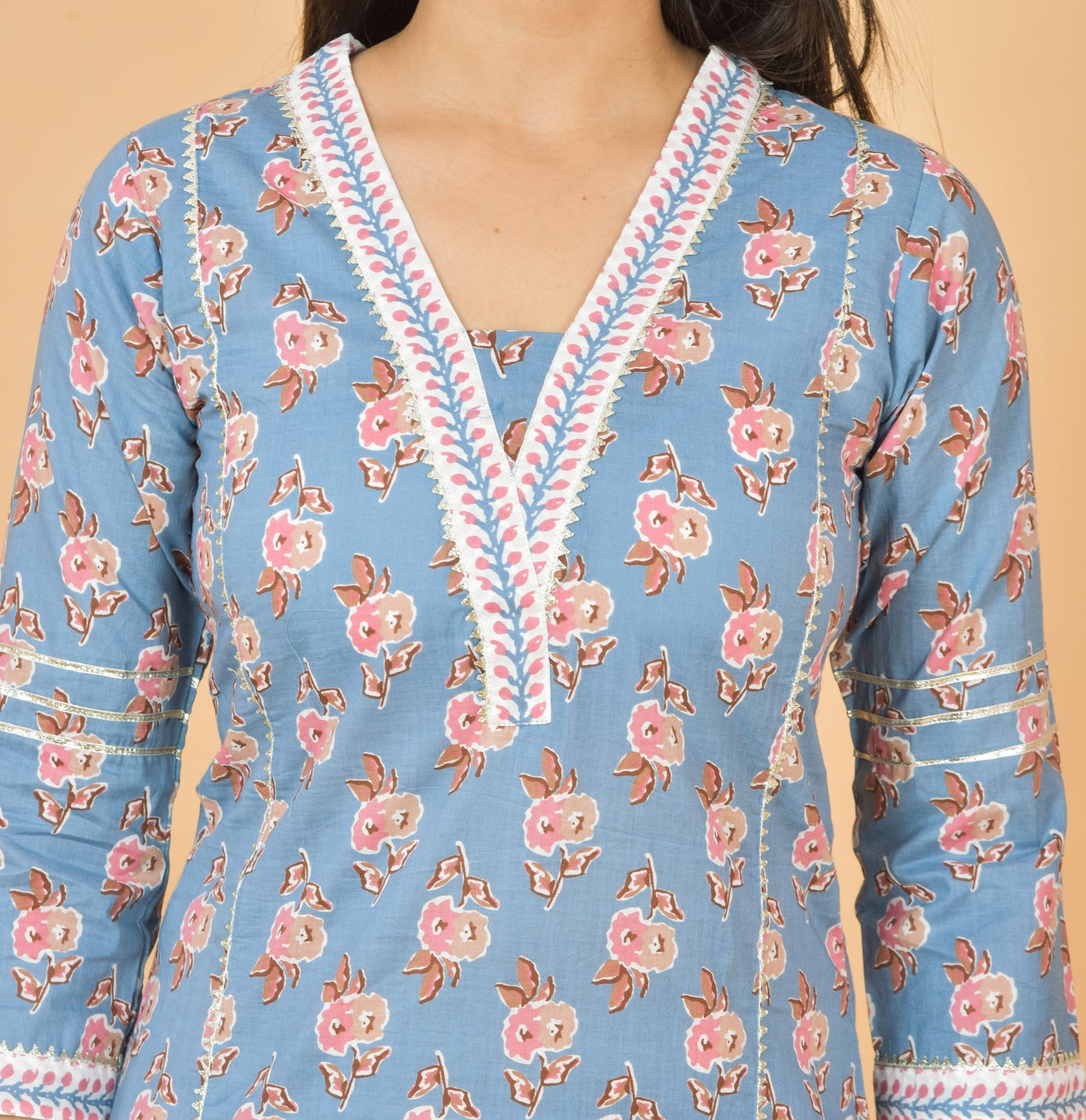 Mitrika Sky Blue Floral Printed Straight Cotton Kurta Set