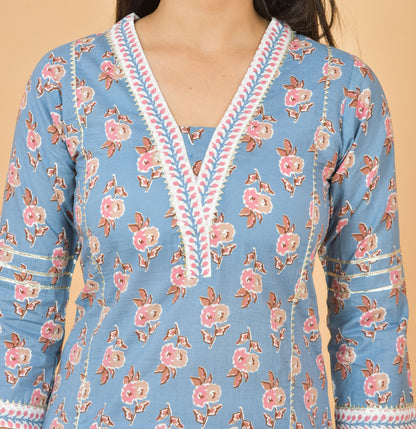 Mitrika Sky Blue Floral Printed Straight Cotton Kurta Set