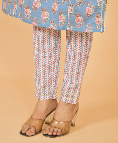 Mitrika Sky Blue Floral Printed Straight Cotton Kurta Set