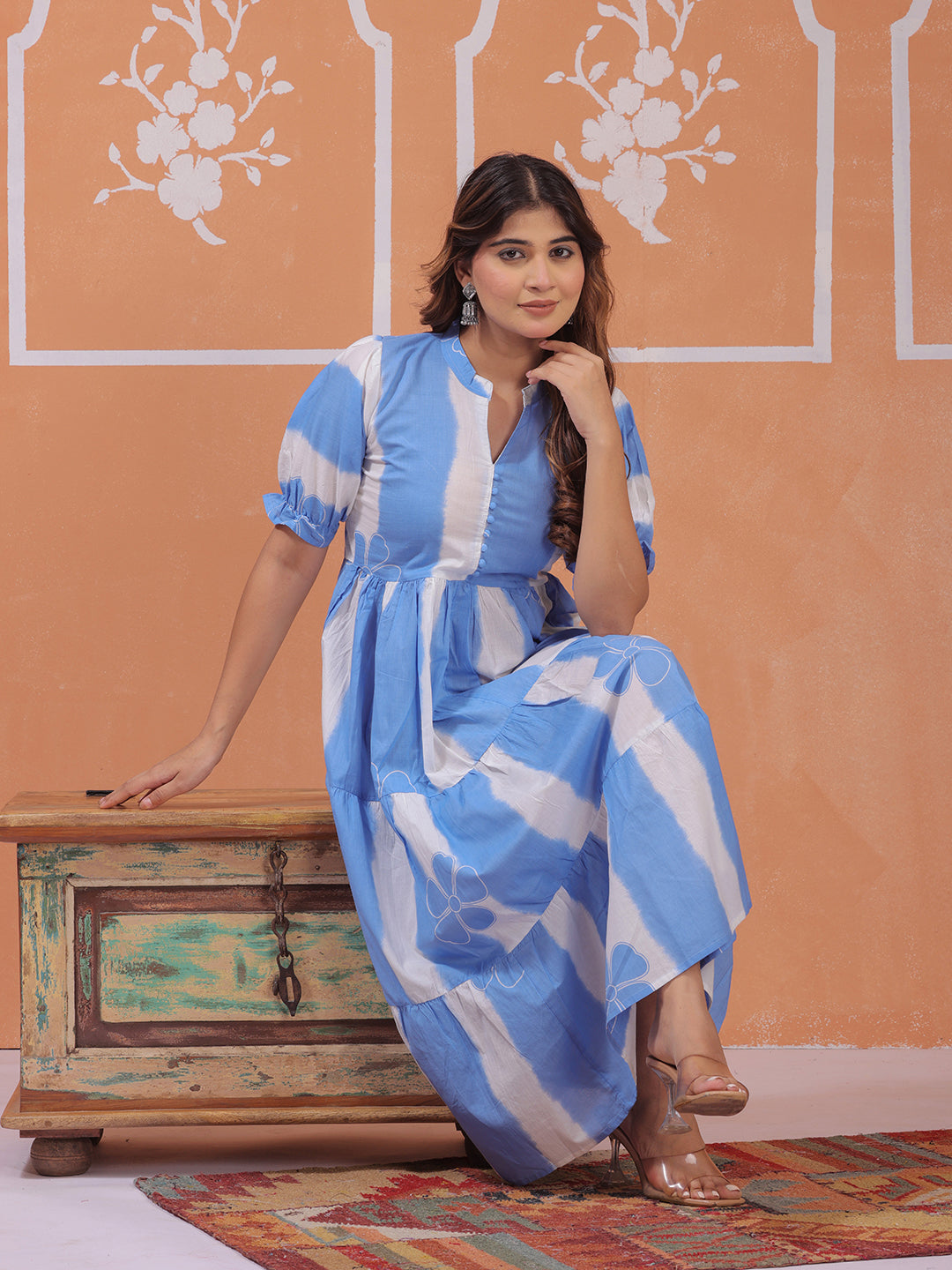 Mitrika sky blue and white striped cotton midi dress