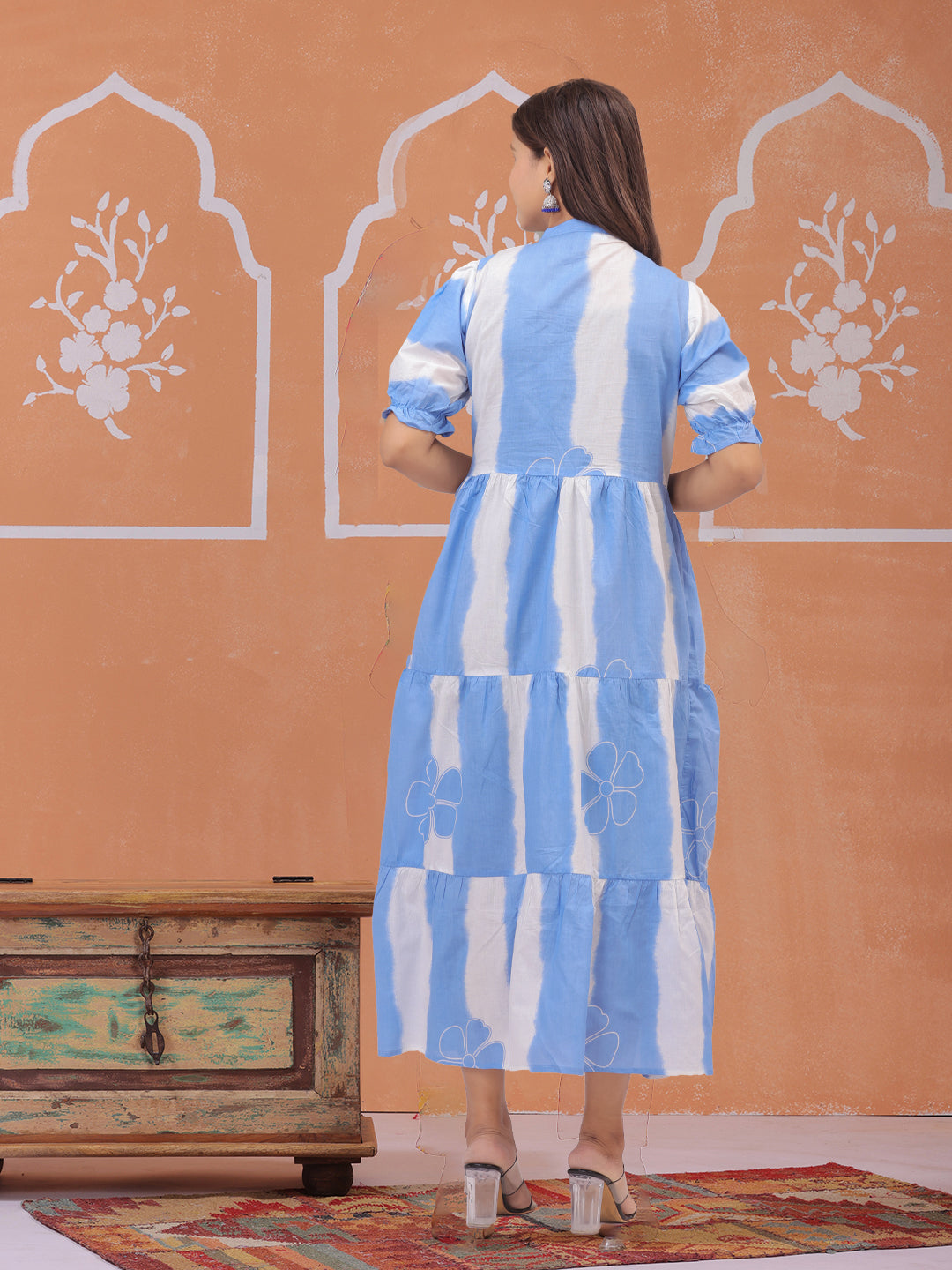 Sky blue white striped summer dress for women