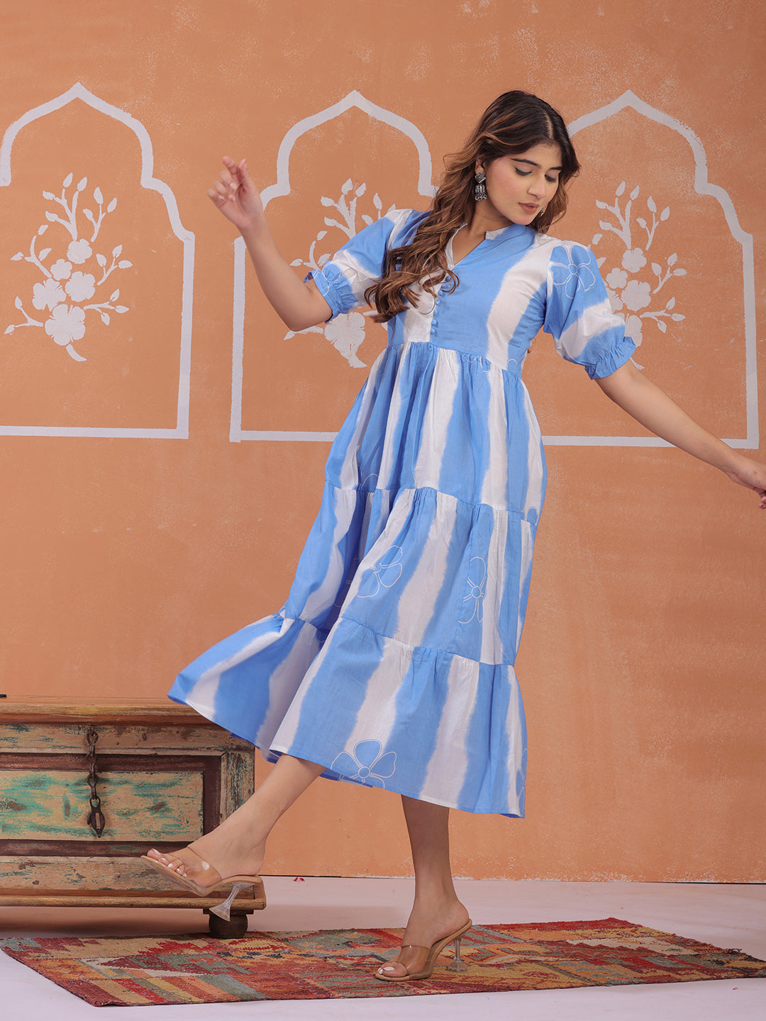 Shop Our Sky Blue & White Striped Cotton Tiered Midi Dress for Women Mitrika Shop Our Sky Blue & White Striped Cotton Tiered Midi Dress for Women Mitrika