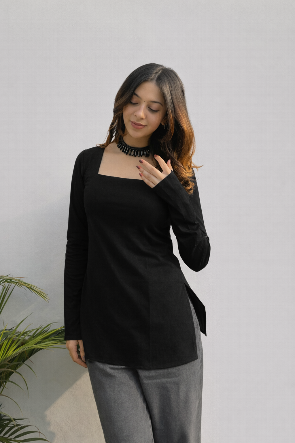 black solid kurti, full sleeve kurti, short kurta , square neck kurti, plain kurti , hip lenght kurti , trending stylish kurti >Mitrika