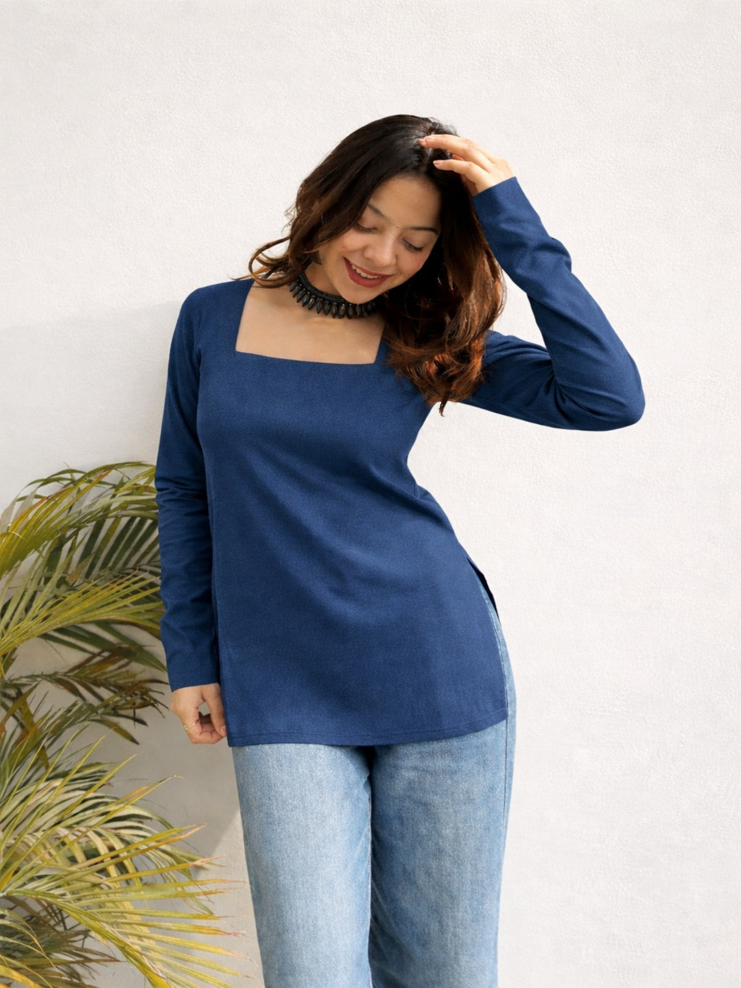 solid blue cotton kurti, short kurti , square neck short kurti , hip lenght kurtim cotton flex kurti, full sleeve kurti , trending kurti for girls and womens, blue color short kurti, stylish neck kurti, casual wear kurti > Mitrika