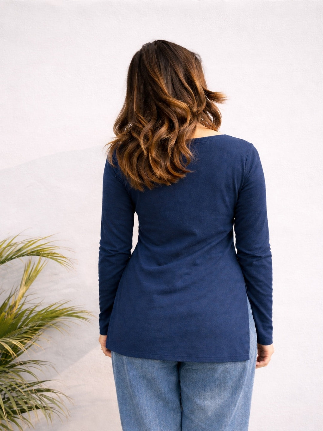 solid blue cotton kurti, short kurti , square neck short kurti , hip lenght kurtim cotton flex kurti, full sleeve kurti , trending kurti for girls and womens, blue color short kurti, stylish neck kurti, casual wear kurti > Mitrika