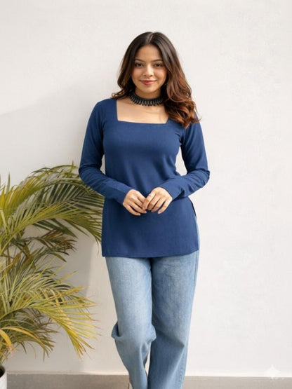solid blue cotton kurti, short kurti , square neck short kurti , hip lenght kurtim cotton flex kurti, full sleeve kurti , trending kurti for girls and womens, blue color short kurti, stylish neck kurti, casual wear kurti > Mitrika