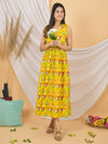 Mitrika Sunny Yellow Abstract Printed Sleeveless Cotton Flared Dress