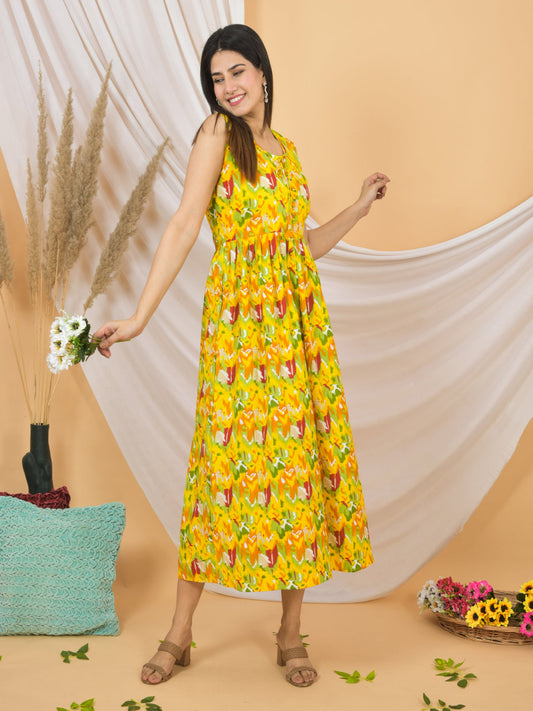 Woman wearing a yellow floral dress against a beige background