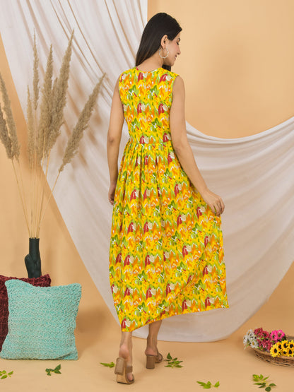 Woman wearing a yellow floral dress against a beige background with decorative elements.
