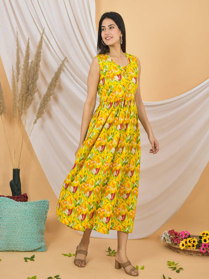 Woman wearing a yellow floral dress against a beige background