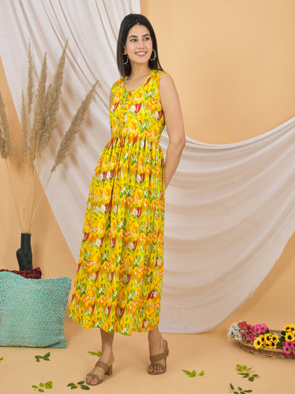Woman wearing a yellow floral dress standing against a beige background with decorative elements.