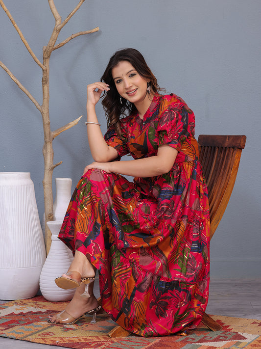 viscose rayon midi dress, floral print fit and flare dress, tropical print summer dress, casual wear midi dress, women's puff sleeve dress, multicolor day dress, brunch outfit for women, keyhole neck dress, lightweight rayon dress, stylish midi dress for women > Mitrika