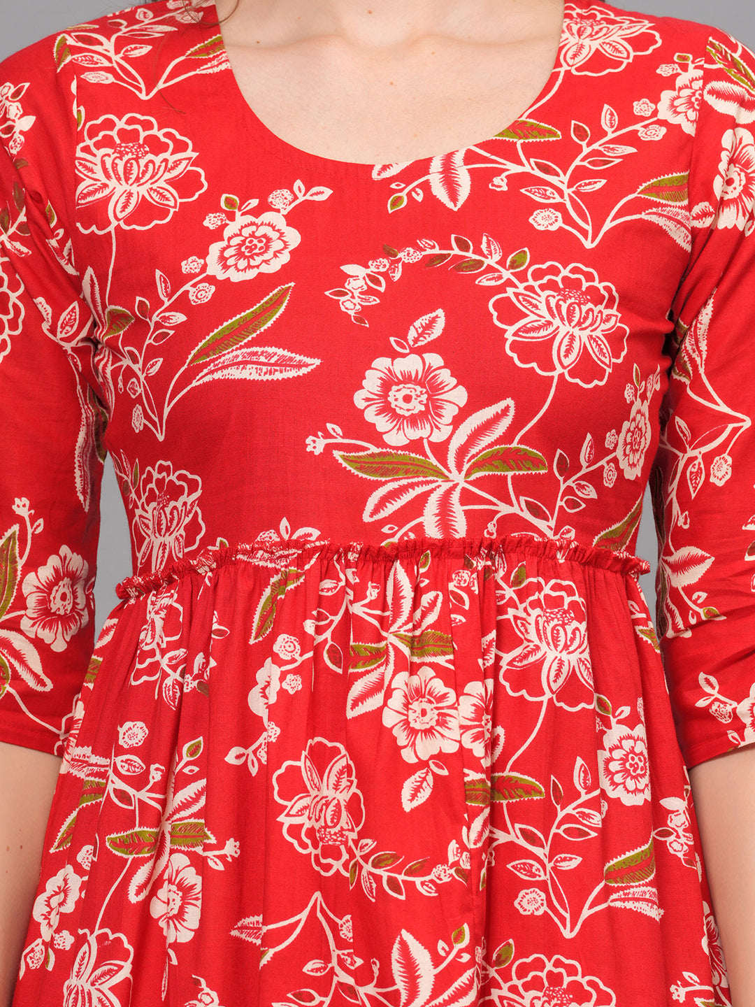 Red dress with white floral pattern on a plain background