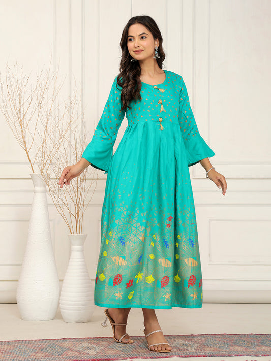 Sea green Anarkali kurti, foil print kurti, tassel kurti design, festive wear kurti, ethnic Anarkali dress, vibrant party wear kurti > Mitrika