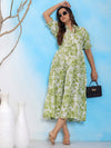 Mitrika White & Green Leaf Printed Cotton Tiered Midi Dress