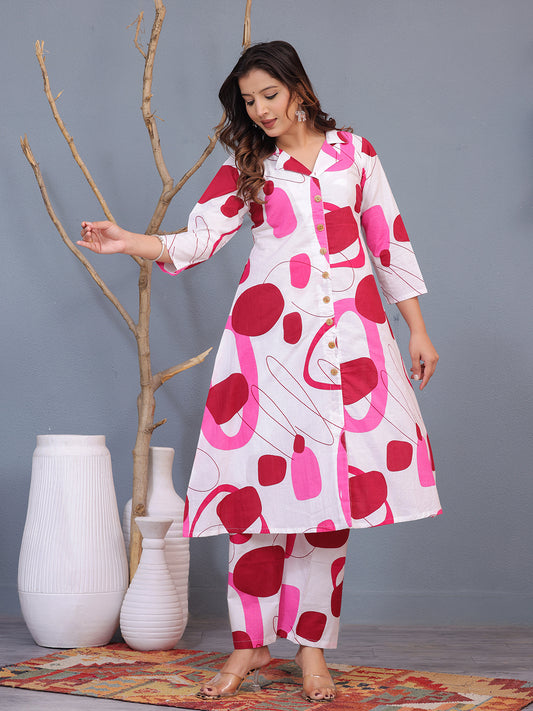 White pink co-ord set for women, cotton abstract print kurta set, stylish kurta pant set, A-line kurta co-ord set, casual ethnic wear for women, 3/4 sleeve kurta set, button-down kurta pant set, summer cotton co-ord set, daily wear kurta set, trendy indo-western outfit, printed cotton co-ord set, women's ethnic co-ord set > Mitrika