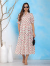 Mitrika White & Pink Floral Printed Mandarin Collar Tiered A-Line Midi Dress