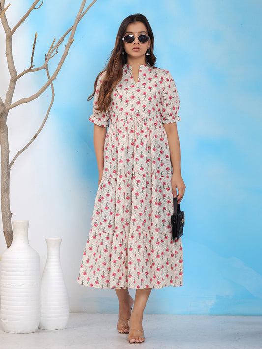 White base  floral midi dress, pink floral printed dress, mandarin collar dress, tiered A-line dress, summer midi dress, casual floral dress, brunch outfit. > Mitrika